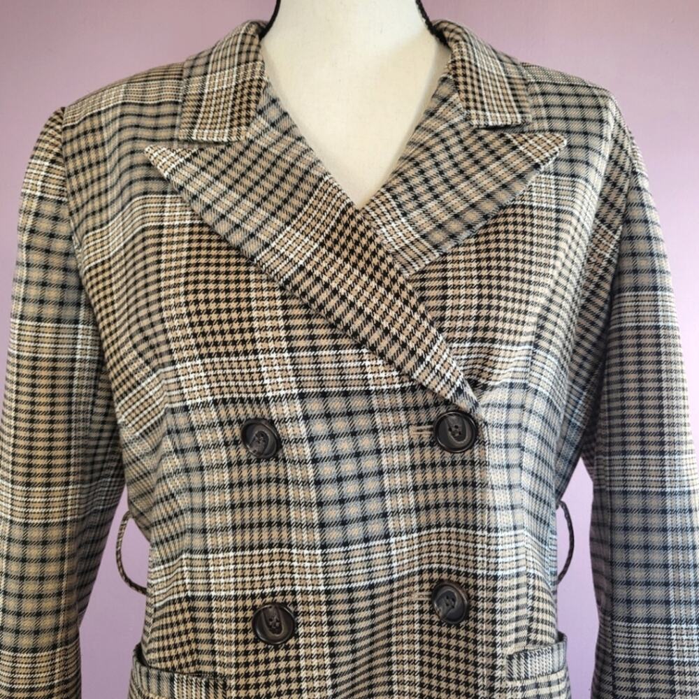 Halogen X Atlantic-Pacific Neutral Houndstooth Plaid Double Breasted Belted Coat - Picture 4 of 12